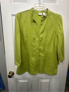 Kim Rogers Signature Lime Green Linen Split-Neck Blouse